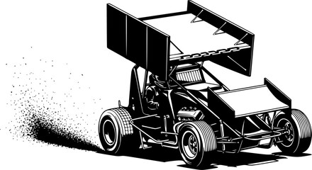 Sprint Car Silhouette – Black Vector Illustration, Racing Vehicle, Speed, Motorsport, Aerodynamic Design, Race Track, Fast Car, Competition, Clipart, Editable Vector Design.