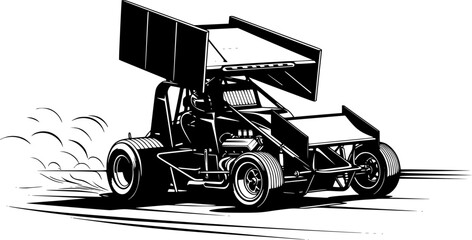 Sprint Car Silhouette – Black Vector Illustration, Racing Vehicle, Speed, Motorsport, Aerodynamic Design, Race Track, Fast Car, Competition, Clipart, Editable Vector Design.