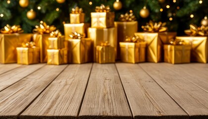 Wooden tabletop displaying golden gift boxes and presents. Creating a festive holiday atmosphere with blurred christmas tree and sparkling lights in background copy space