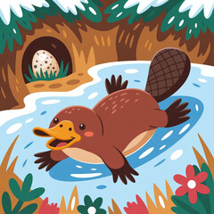 Cute Whimsical Platypus Sliding on ice Vector Illustration  