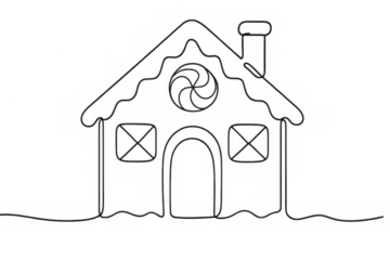 Gingerbread house continuous line drawing for christmas and winter holidays with transparent background