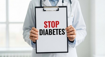 Woman doctor holding clipboard with Stop Diabetes message, banner template for healthcare education medical prevention or treatment awareness with copyspace.