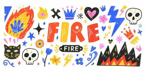 Vibrant hand drawn illustration of the word fire surrounded by whimsical elements and symbols