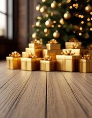 Golden gift boxes arranged on a rustic wooden floor, providing a festive background for product display, e commerce, or holiday christmas promotions with copy space
