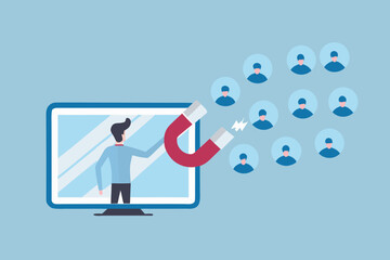 Man on computer screen uses a large magnet to attract customers and build an audience