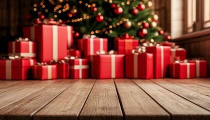 Wooden table foreground with blurred red christmas presents and a decorated fir tree in background, creating a festive holiday product display concept copy space