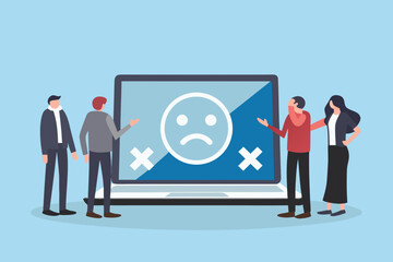 Diverse group of people looking at a laptop screen displaying a sad face emoji and cross marks indicating failure or negative feedback