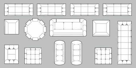 Top view furniture layout collection including sofas tables chairs and ottomans