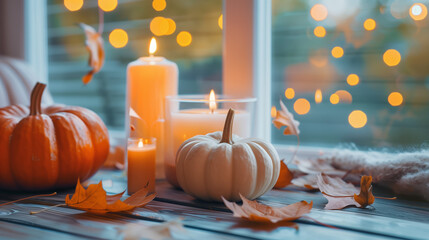Cozy autumn decoration with pumpkins and candles, warm lights, festive atmosphere, seasonal setup