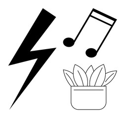 Black lightning bolt, musical notes, and simple potted plant with leaves symbolize energy, creativity, and growth. Ideal for inspiration, sustainability, innovation, nature music energy simple