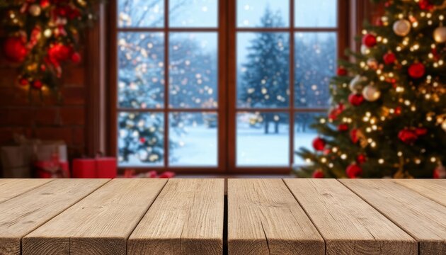Wooden table presenting empty showcase with blurred christmas tree, window, and snowfall background, creating a cozy winter holiday setting for product display copy space
