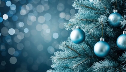 Frosted christmas tree branches displaying shiny blue ornaments, generating a festive holiday atmosphere with sparkling bokeh lights in a cool winter setting copy space