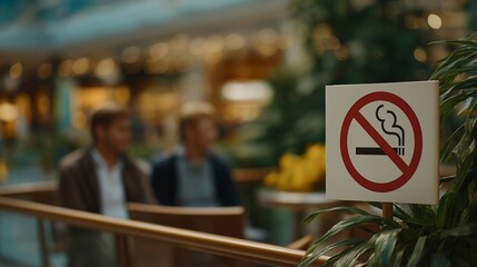 No-smoking signage in public area with people observing rules, emotion of acceptance and compliance visible, representing health regulations, public safety awareness, and social adherence to bans.