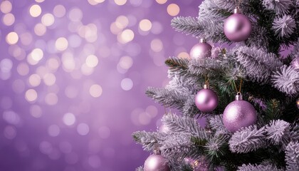 Flocked christmas tree branch decorating festive holidays, featuring sparkling purple baubles and soft bokeh lights against a serene lavender background copy space