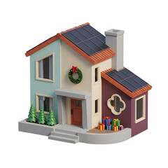 Miniature Modern Smart Home with Solar Panels Decorated for Christmas Wreath and Gifts 3D Illustration Isolated on White