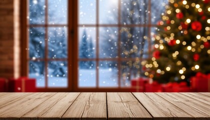 Rustic brown wooden table in foreground for product display, blurred festive christmas tree and window showing snowy forest outside, warm cozy holiday bokeh ambiance copy space