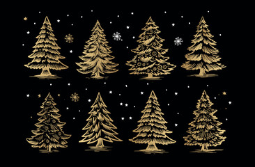 Christmas gold tree set on black. Hand drawn illustration.	
