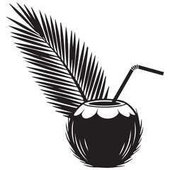 Tropical coconut drink with palm frond silhouette