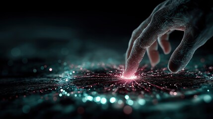 Obraz premium 暗闇の中で光るデジタルな粒子の表面に触れる、ワイヤーフレーム状の手 | Wireframe hand touching a surface of glowing digital particles in the darkness