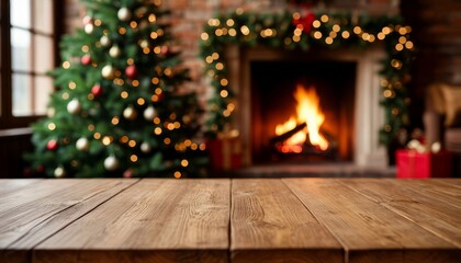 Rustic wooden table providing empty copy space against a festive blurred christmas background. Featuring a glowing fireplace and decorated tree