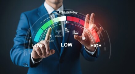 Business Professional Evaluates Risk Levels Using a Digital Dashboard at an Office Setting During the Day