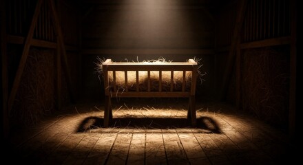 An empty manger filled with straw in a rustic stable. Biblical nativity scene representing the birth of Jesus Christ. Christian Christmas holiday concept