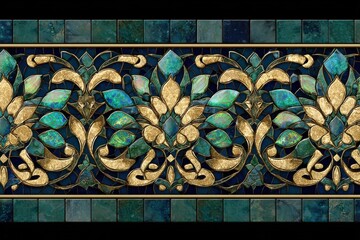 Ornate floral trim mosaic inlay of gold filigree turquoise blue gems on transparent background