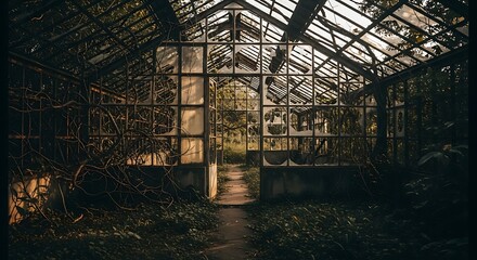 Abandoned Greenhouse with Overgrown Plants and Broken Glass Panels.