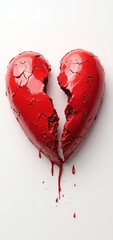 A shattered red heart, dripping with emotionsymbolizing broken love or deephearted pain against a stark white background.