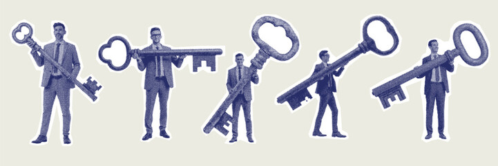 Group of businessmen holding giant keys symbolizing opportunity, leadership, and success in halftone style