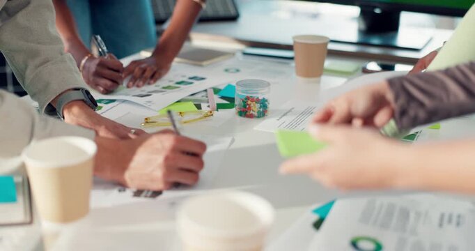 Writing, documents and hands of business people in office for planning with creative project. Meeting, paperwork and team of magazine editors working on article for publishing in collaboration.