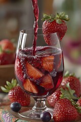 A glass filled with fresh strawberries and blueberries, as a rich red liquid is poured in. The vibrant fruit and refreshing drink create an indulgent, summer-inspired scene. Concept of fruity beverage