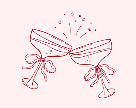 Coquette cocktail glasses with bow, hand draw vector icon, martini, doodle whimsical sketch for party invitation, wine drinks