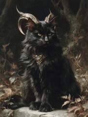 A dark, majestic black cat with horns and a necklace, sitting solemnly amidst a mystical forest. The gothic and dramatic atmosphere enhances the mysterious, otherworldly aura of the cat. Concept of my