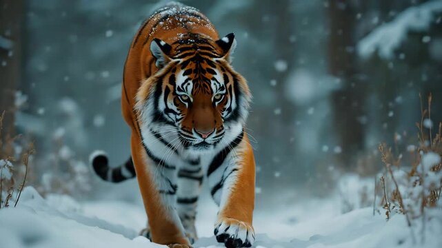 Tiger and Cub Looking at Camera in Snow