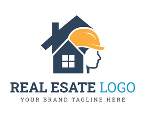 Real Estate Logo with House and Hard Hat Silhouette Keywords: real estate, logo, house, home