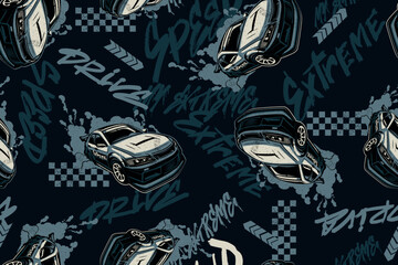 Seamless pattern drift sport cars, graffiti words SPEED, DRIVE, EXTREME, checkered racing flags, splashes, dynamic automotive streetwear design for boys, motorsport style print.