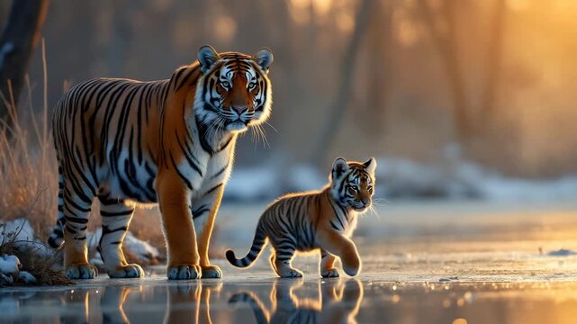 Tiger Mother and Cub on Ice