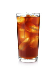 Tasty coffee with ice cubes in glass isolated on white