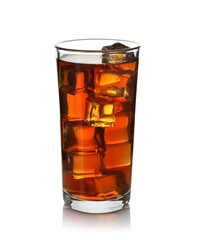 Tasty coffee with ice cubes in glass isolated on white