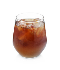 Tasty coffee with ice cubes in glass isolated on white