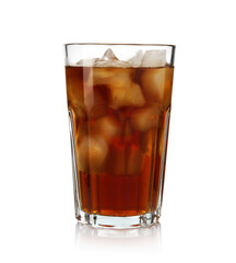 Tasty coffee with ice cubes in glass isolated on white