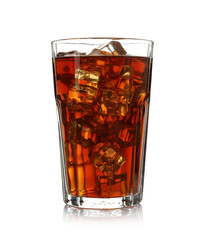 Tasty coffee with ice cubes in glass isolated on white