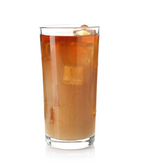 Tasty coffee with ice cubes and milk in glass isolated on white