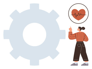 Woman pointing toward a heart with a pulse line next to a large cogwheel. Ideal for health, wellness, productivity, teamwork, work-life balance, systems, and human-centric design. Simple flat