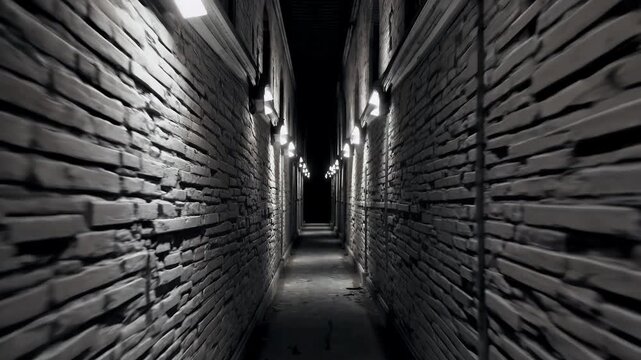 haunting 4k cinematic perspective follows slow zoom through long eerie corridor abandoned building cracked brick walls dim lighting evoking mystery suspense unsettling ambiance forgotten haunted