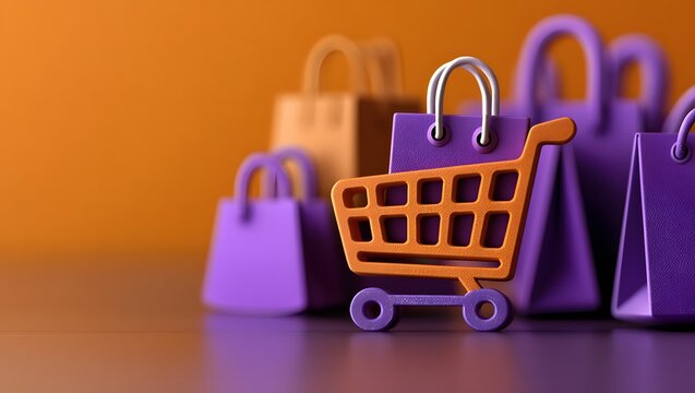 Shopping cart with bags on orange background for online retail store promotion use