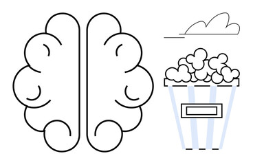 Minimalist depiction of a brain and popcorn tub emphasizes creativity, mind expansion, and growth. Ideal for education, entertainment, innovation, brainstorming, psychology, imagination simple flat
