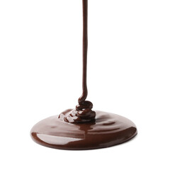 Pouring tasty melted chocolate on white background