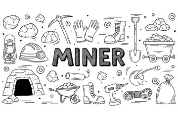 Black and white mining tools and equipment illustration with helmet and pickaxe